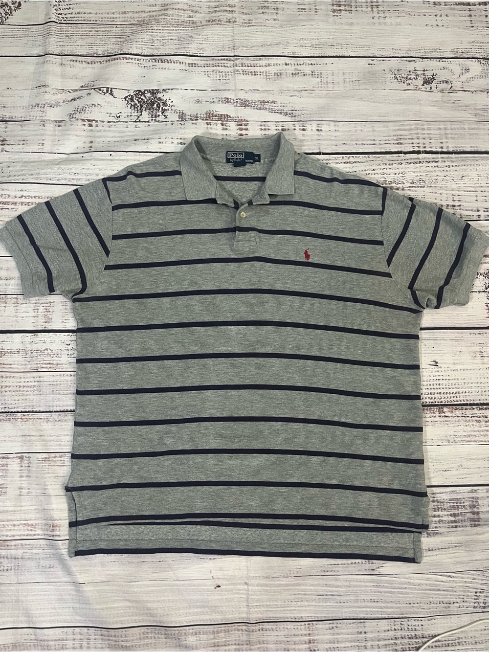 Vintage Polo Ralph Lauren Men’s Striped Waffle Knit Shirt XL Gray Red Pony